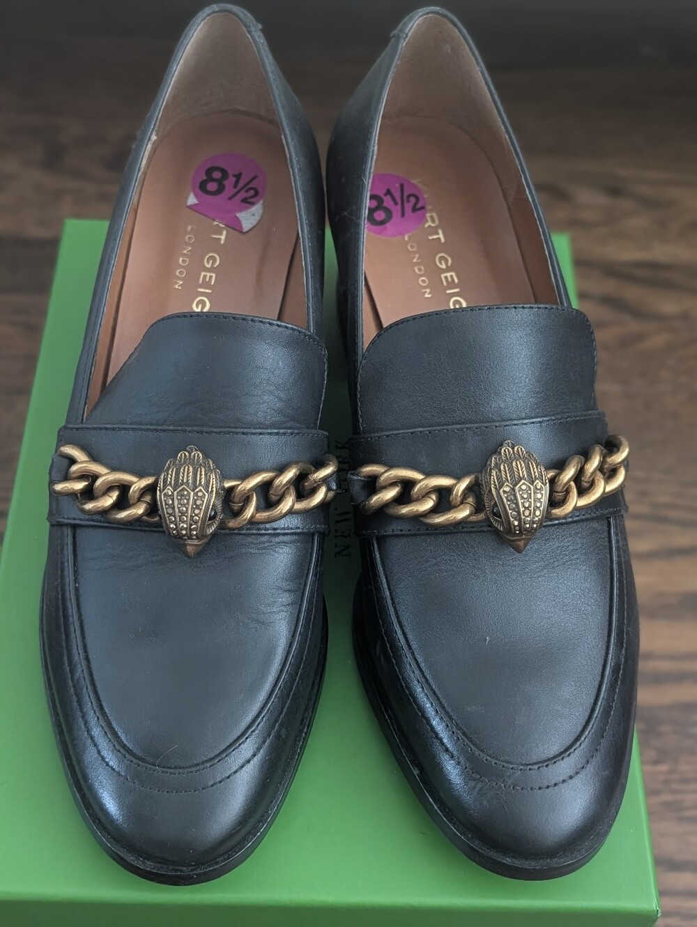 Kurt Geiger Navy Leather Loafers with Gold Bird Chain Detail